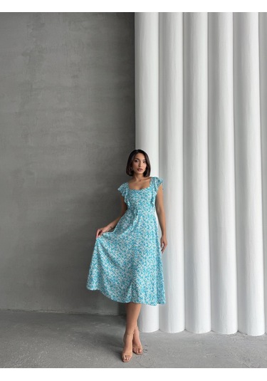 Kadın Çiçek Desenli Fırfır Detaylı Yazlık Dokuma Elbise Turkuaz