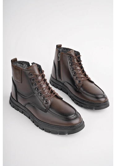 Muggo Gilberto Garantili Fermuarlı Bağcıklı Kürklü Hafif Taban Erkek Bot Kahverengi