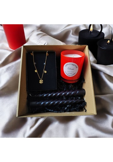 Denic Hediye Seti Kokulu Kırmızı Bardak Mum Yonca Kolye Burgulu Mum