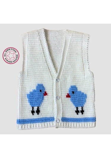 Uretti - Çiğdem 1390 - El Yapımı Civciv Figürlü Örgü Yelek - 1 - 2 Yaş Beyaz