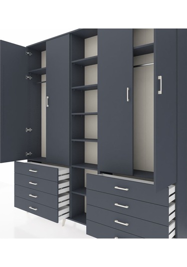 Arges Dolap 10 Raflı 8 Çekmeceli 2 Askılı 220x30x243 Antrasit-antrasit/antrasit Antrasıt/antrasıt