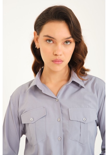 Kadın Uzunkollu Koyugri Gömlek Koyugri