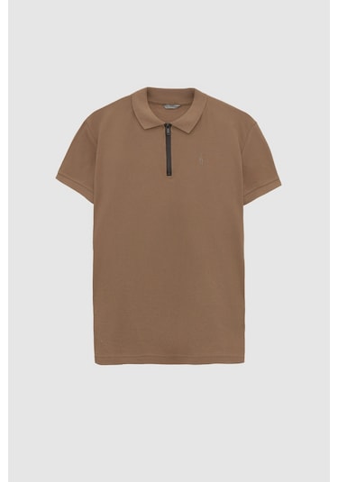 Twn Slim Fit Vizon Pike Dokulu Yarım Fermuarlı Polo Yaka T-shirt 4ec14ortfrplo Vizon
