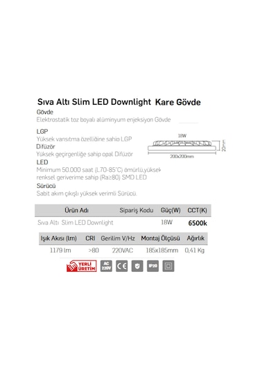 Lamptime Sıva Altı Led Spot Siyah Gövde 18W 4000K Kare 263431