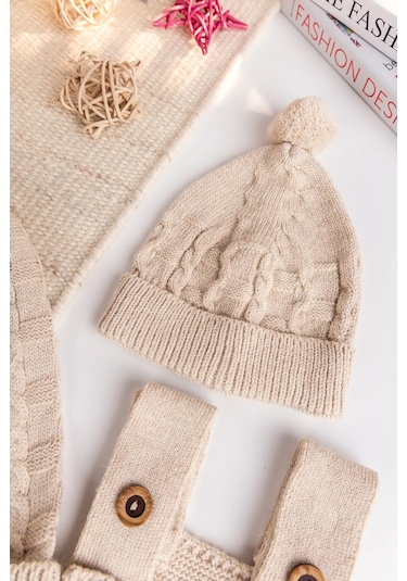 Triko Hırkalı 3'lü Ayarlanabilir Askılı Örgü Erkek Bebek Salopet Tulum Takım Set Bej