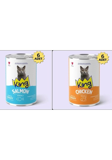 King Sos İçerisinde Et Parçacıklı Tavuklu Ve Somonlu Kedi Konservesi 400 Gr 12 Adet