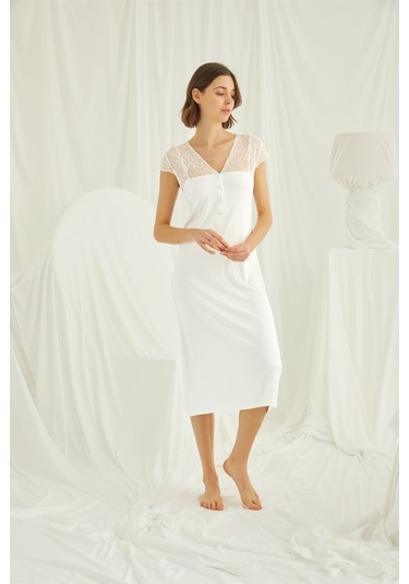 Monamise Kadın Kolu Omzu ve Yakası Dantelli Önü Düğmeli Gecelik 18455 Ekru