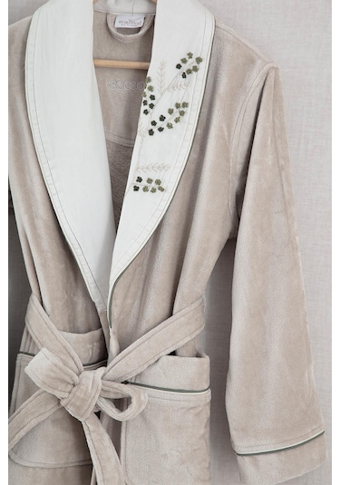 Ecocotton Derin Bej-yeşil "m-l" %100 Organik Pamuk Nakışlı Aile Bornoz Seti Bej - Yeşil