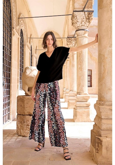 Monamise Kadın Çiçek Desenli Kısa Kollu Alt Üst Takım 23059-siyah Siyah