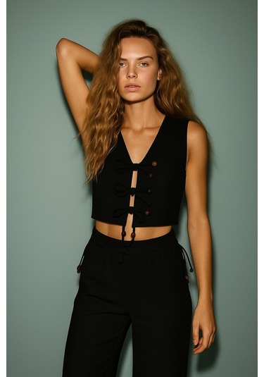 Dokulu Boncuk Detay Yelek Takım Siyah