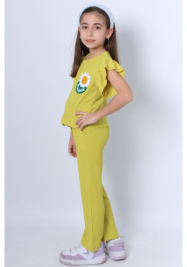 Kız Çocuk İkili Takım Fırfırlı Papatya Nakışlı F11 Yeşil