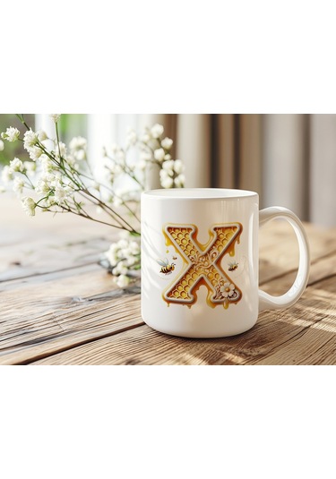 X Harfi Bal Arısı Tasarım Kupa Bardak - Bal Ve Petek Desenli Kişiye Özel Kahve Kupası - Hediyelik Beyaz