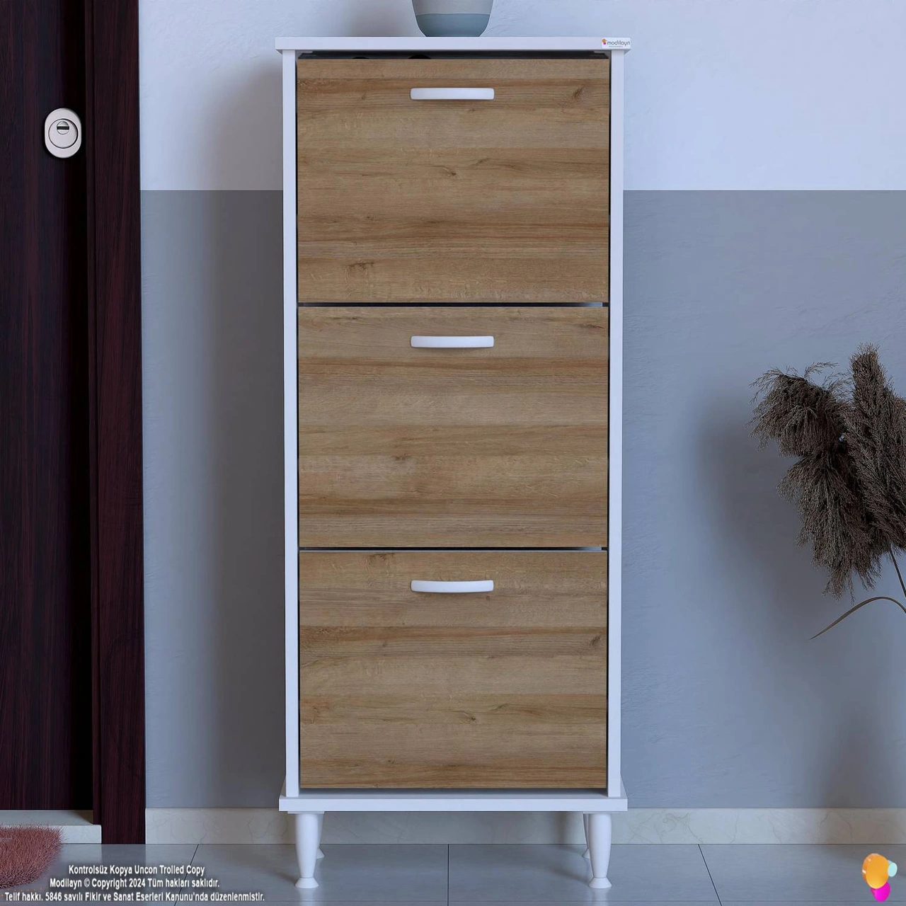 Uygar Meşe Renk Kapı Önü Ayakkabılık 3 Düşer Kapak 6 Göz Raf Bölmeli Ayakkabılık 52x127x25,5 Cm Meşe