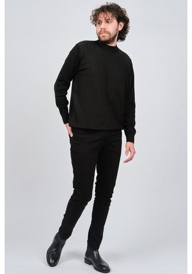 Çizgi Triko Erkek Yarım Balıkçı Çizgi Desenli Kazak 42564234 Siya Siyah