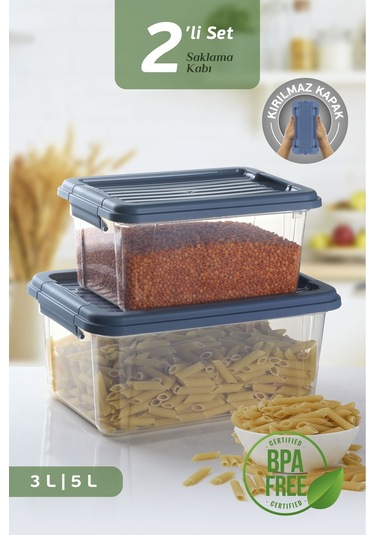 2'li Set Kilit Kapaklı Un Bakliyat Erzak Kabı - Çok Amaçlı Düzenleyici Deterjan Saklama Kutusu 3l-5l Mavi