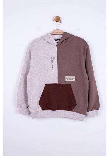 Erkek Çocuk Kapüşonlu Kanguru Cepli Renk Bloklu Sweatshirt-13017-vizon Vizon