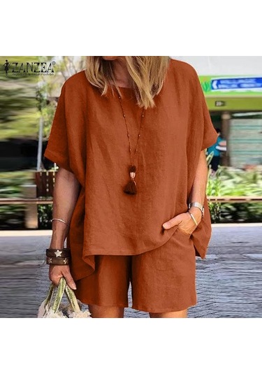 Zanzea Kadın Rahat Pamuk Kıyafetler Yaz Yarım Kollu T-shirt Ve Şort Iki Parçalı Takım Elbise Set Turuncu Zanzea Kadın Rahat Pamuk Kıyafetler Yaz Yarım Kollu T-shirt Ve Şort Iki Parçalı Takım Elbise Set Turuncu
