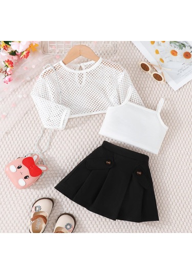 Siyah Çocuk Giyim Kız Setleri Oymak Üst + Cami Üst + Haki Etekler 3 Adet Yaz Takım Elbise Setleri Kızlar Için 12M-6Y Çocuk Giysileri 12M-6Y Siyah