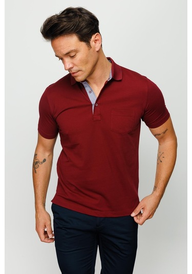 Erkek Polo Yaka Düğmeli Cepli T-shirt Bordo Bordo