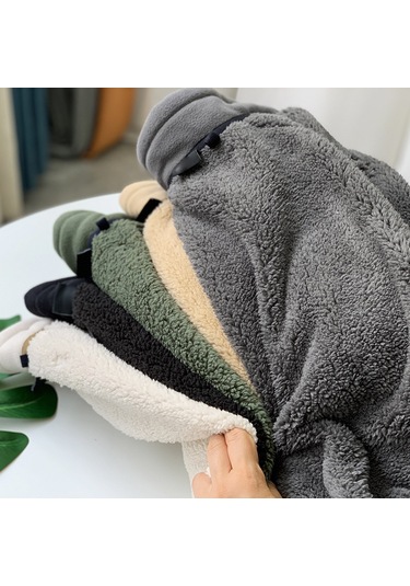 Erkek Kışlık Düz Renk Kuzu Derisi Kalın Ceket Haki