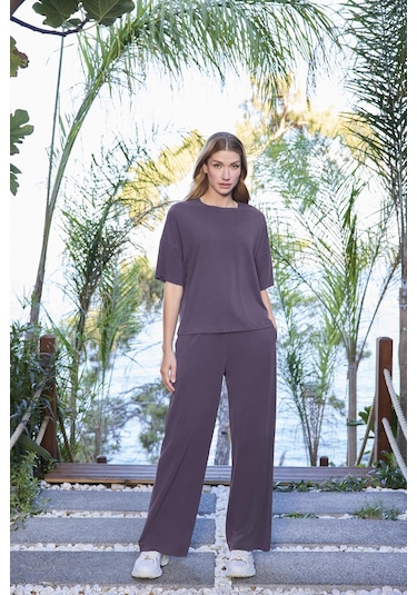 Monamise Kadın Kısa Kollu Bisiklet Yaka Alt Üst Takım 25081 Mor