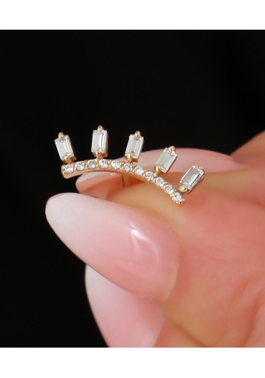 14 Ayar Altın Taşlı Taç Tragus Piercing Sarı Altın