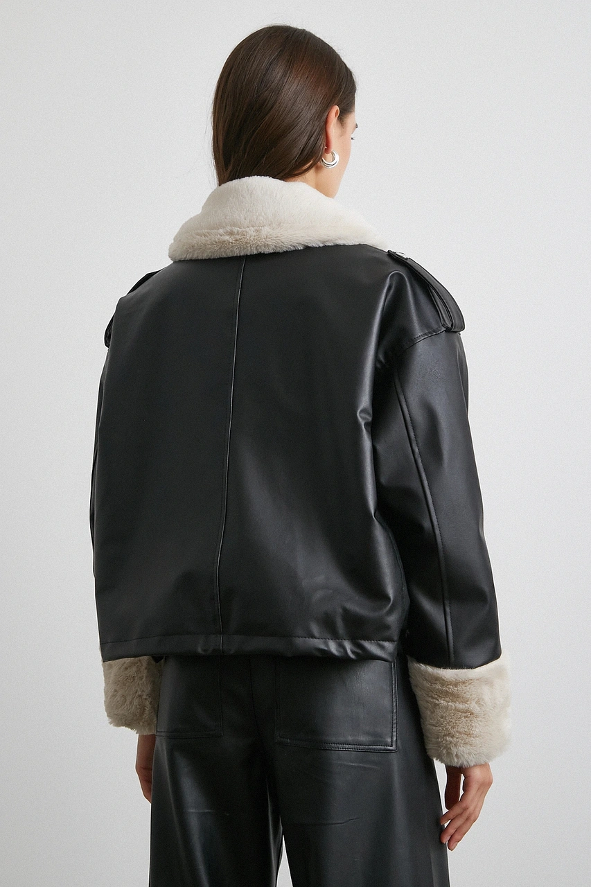 Körüklü Cep Deri Mont Siyah Siyah