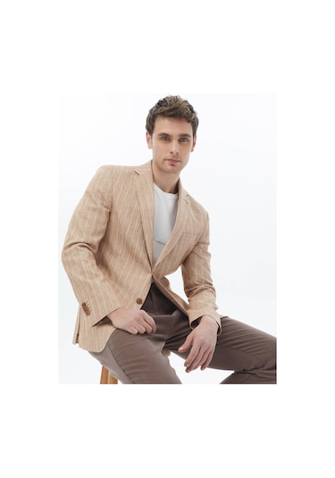 Kip Kiremit Çizgili Modern Fit Pamuk Karışımlı Ceket 001