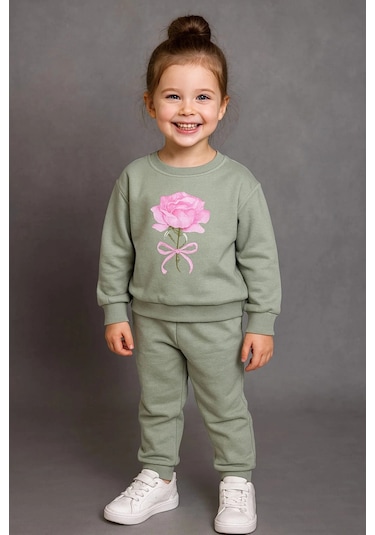 Kız Çocuk %100 Pamuk Gül Baskılı Eşofman Takımı Yeşil