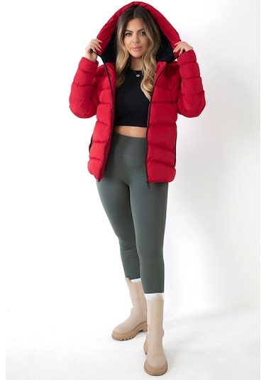 Kadın Kırmızı Kapüşonlu Içi Polarlı Kürklü Su Geçirmez Rüzgara Dayanıklı Şişme Mont Kaban Parka Kırmızı