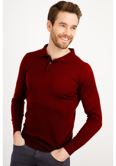 Desen Triko Erkek Basic Polo Yaka İnce Triko Kazak 02421601 Bordo