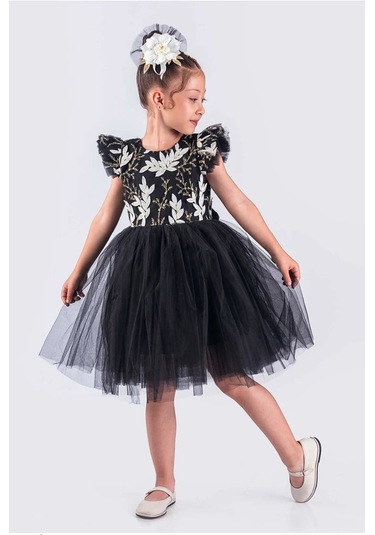 Kız Çocuk Elbise Tütü Etek Nakışlı Siyah Beyaz
