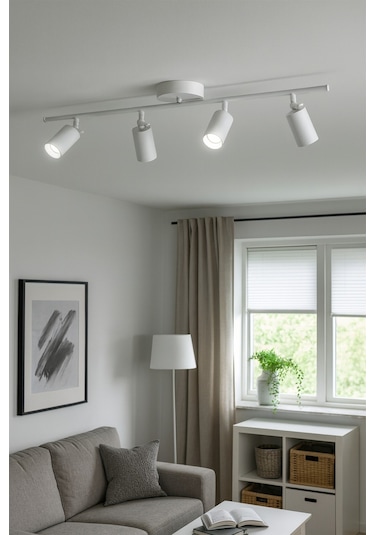 Spoti 4'lü Beyaz Renk Beyaz Işık Modern Tasarım Salon - Mutfak - Banyo Spot Ledli Sıralı Avize Beyaz