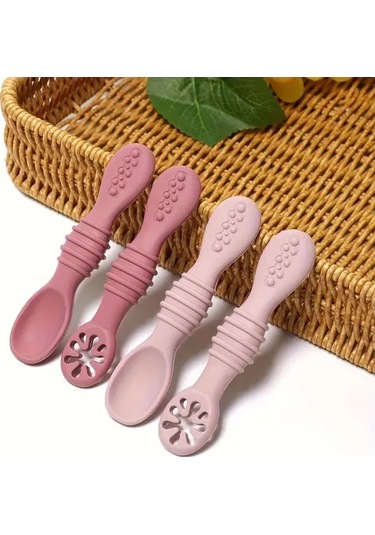 Hightower Yeşil Soğuk Gri 4 Parça Yemek Kaşığı Seti Silikon Mama Kaşığı Kendi Kendine Yeme Yeşil + Soğuk Gri