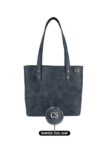 Twingold İsme Özel Tote Bag El Omuz Çantası - %100 Rainbow Deri - Ac03003 - Lacivert Lacivert