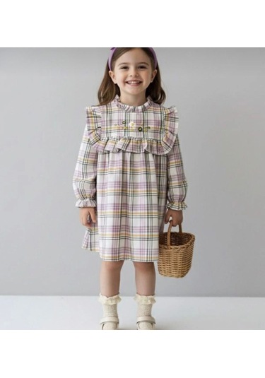 Ekose Çiçek Nakış Detaylı Kız Çocuk Elbise - Yeşil Yeşil