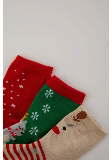 DeFacto Erkek Bebek Yılbaşı Temalı Kaydırmaz Taban 3'lü Pamuklu Uzun Çorap B6307A5NSKR1