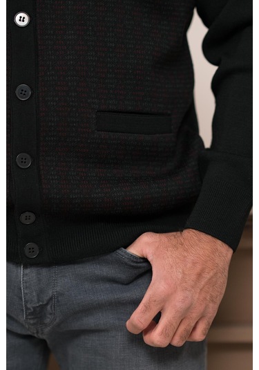 Woolen World Regular Fit V Yaka Ön Cepli Desenli Triko Hırka Siyah