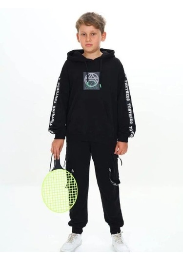 Çocuk Kapüşonlu Stay Strong Yazılıi Sweatshirt-14816 Siyah