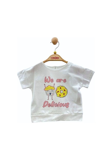 Çikoby Kız Bebek Pamuklu Donat Baskılı T-shirt-13895 Beyaz