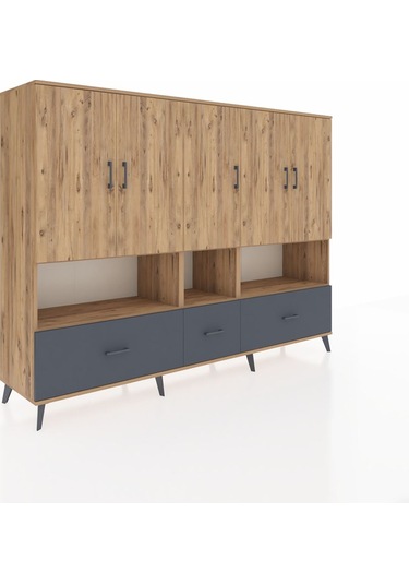 Hyperion Dolap 12 Raflı 3 Çekmeceli 5 Kapaklı 220x44x163 Çam-çam/ Çam-çam/antrasit