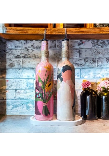 Yerli Kadın Ve Pembe Çiçek Motifli Özel Tasarım Yağdanlık-sirkelik Sosluk Seti Ev-mutfak Dekoru Çok Renkli