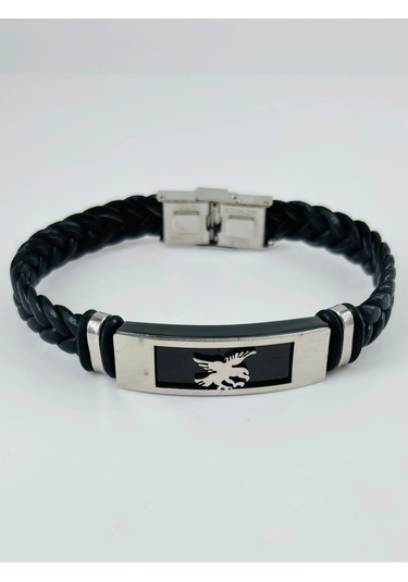 Siyah Deri / Çelik Erkek Deri Bileklik 20 Cm - Ebl0086 Çok Renkli