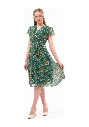 Kadın Desenli Kruvaze Yaka Midi Şifon Elbise 4445/110 Zümrüt Yeşili