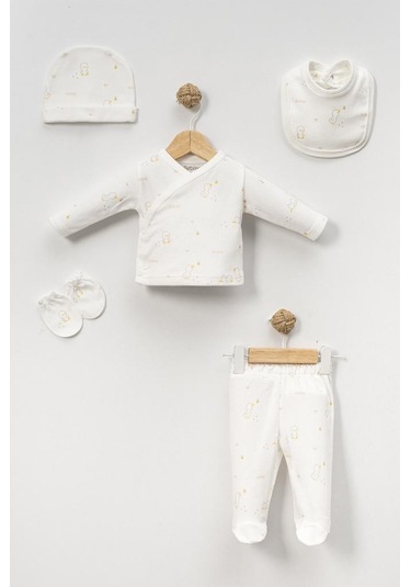 Bebitof %100 Pamuk Civciv Desenli 5 Parça Yenidoğan Hastane Çıkışı Zıbın Seti Bbtf.ekr.20133.03 Ekru