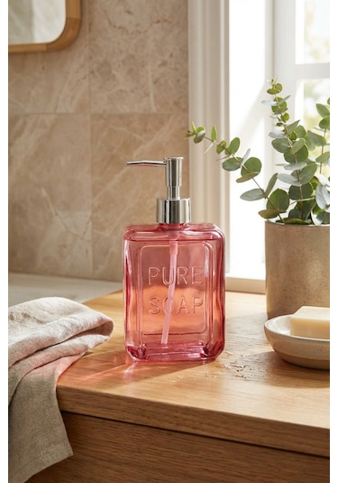Makri Home Renkli Cam Sıvı Sabunluk, 500 Ml, Pembe Pembe