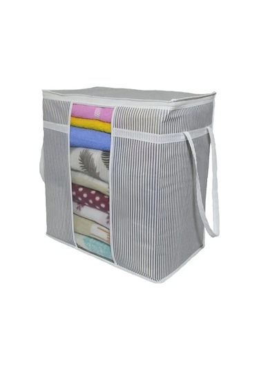 Pencereli Saklama Çantası Çizgili Çok Amaçlı 50x45x30 Cm Gri-beyaz