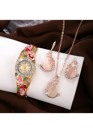 Bayan Kore Stili Moda 3d Çiçek Taşlı Süsleme Takı Saat Kombini Altın