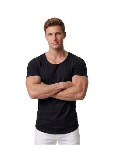 Deepsea Erkek Siyah Geniş Yaka Likralı Tişört Oval Yaka Slim Fit Eteği Oval Açık Yaka T-shirt 1801199 Siyah