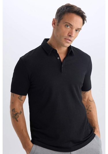 DeFacto Slim Fit Dar Kesim Polo Yaka Pamuklu Kısa Kollu Siyah Tişört X2594AZ25SPBK81